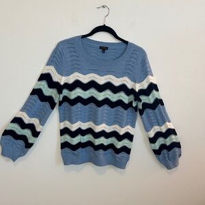 Talbots Blue, Aqua and White Chevron Sweater Balloon Sleeves Size Medium